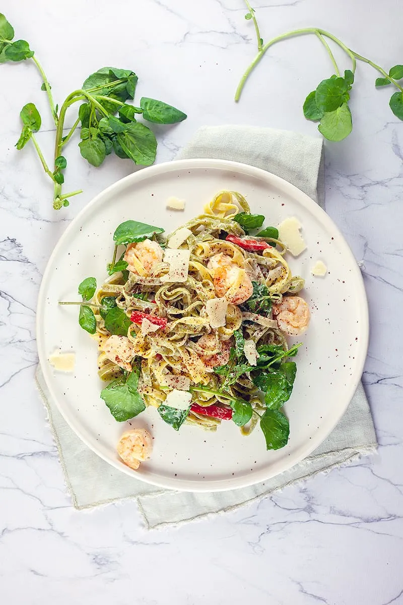 Pasta met waterkers en garnalen