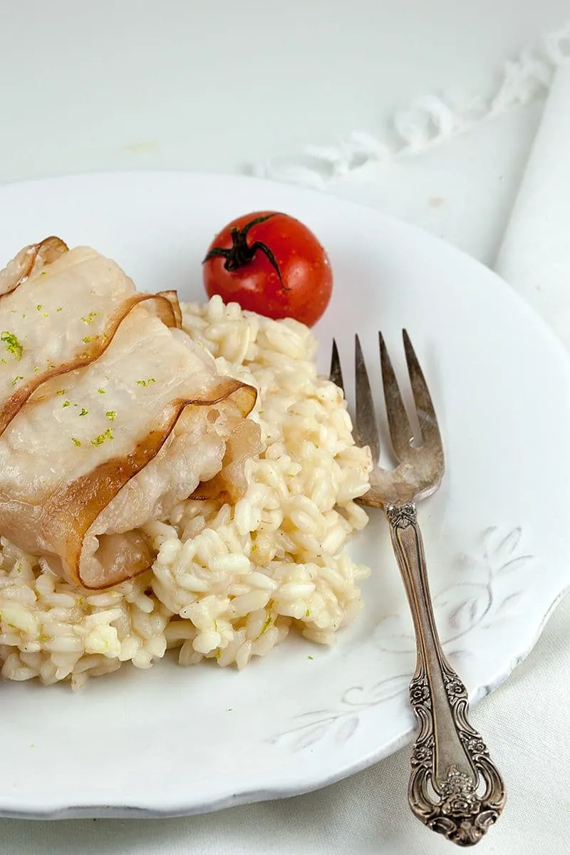 Limoen risotto en kabeljauw met spek