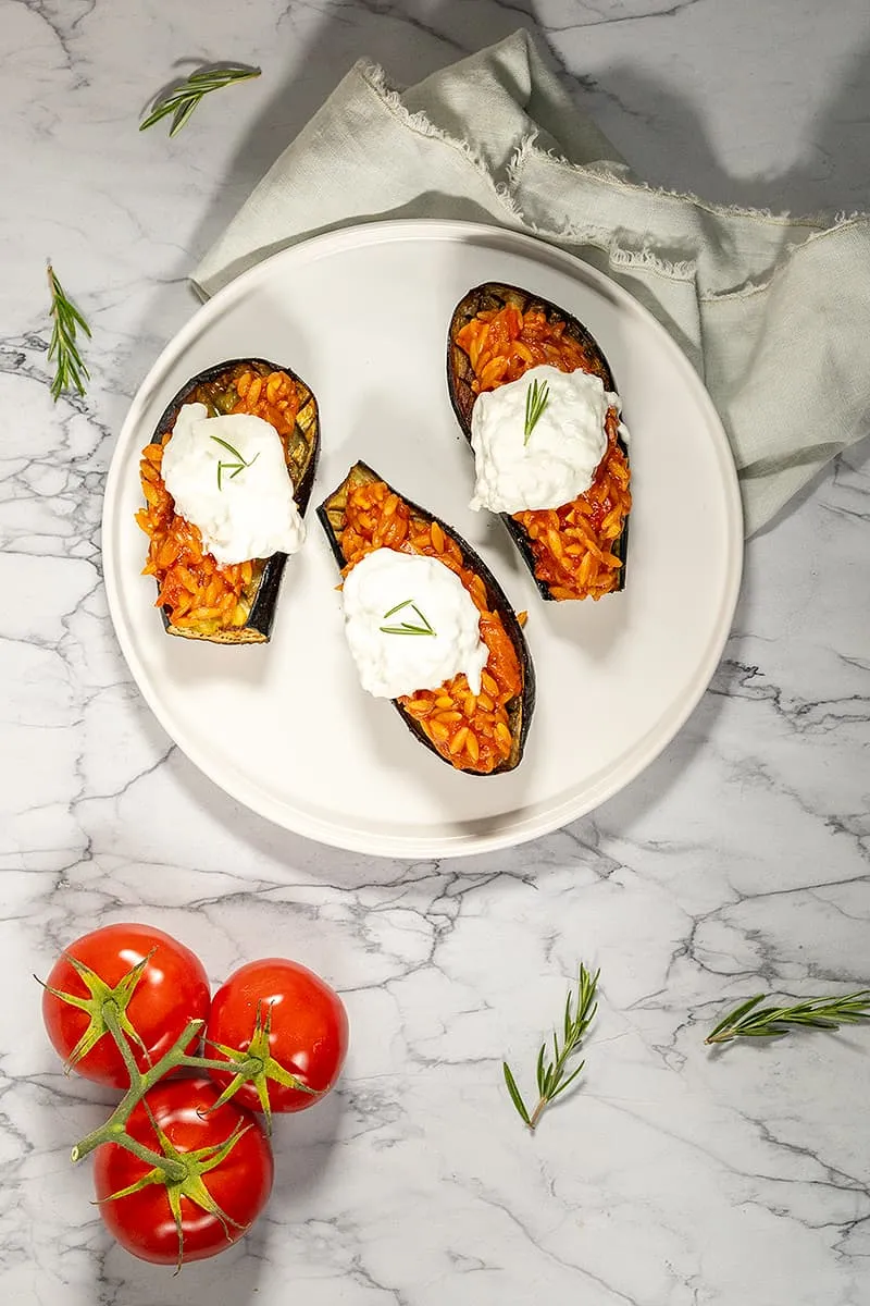 Gevulde aubergine met orzo