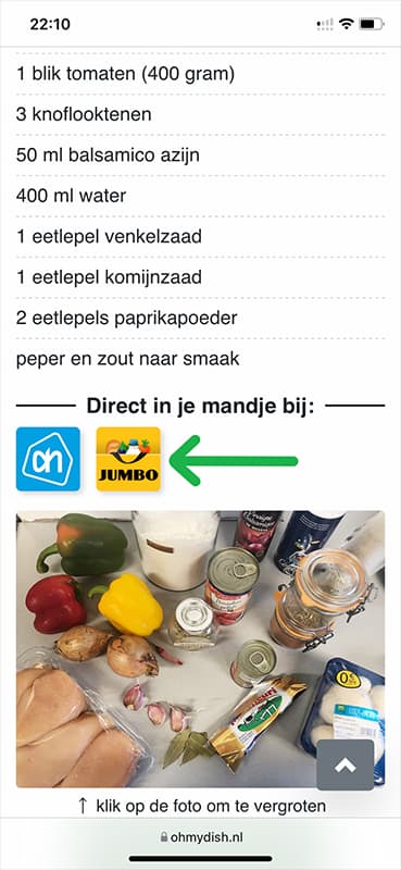 Albert Heijn en Jumbo knoppen onder een ingrediëntenlijst