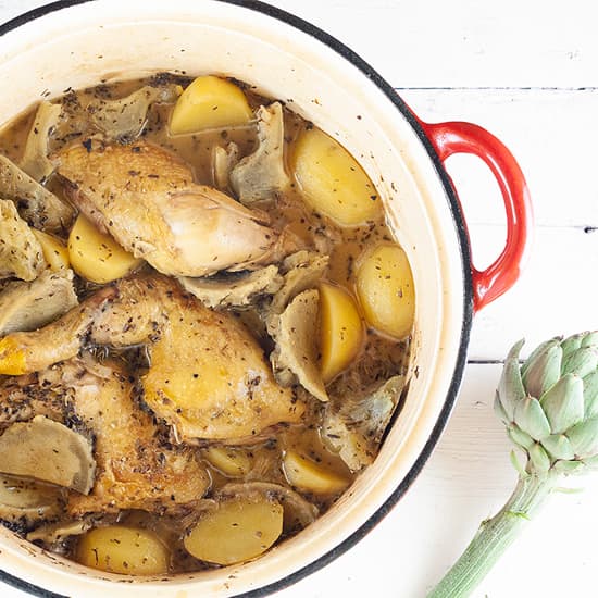 Artisjok met kip en aardappeltjes uit de oven